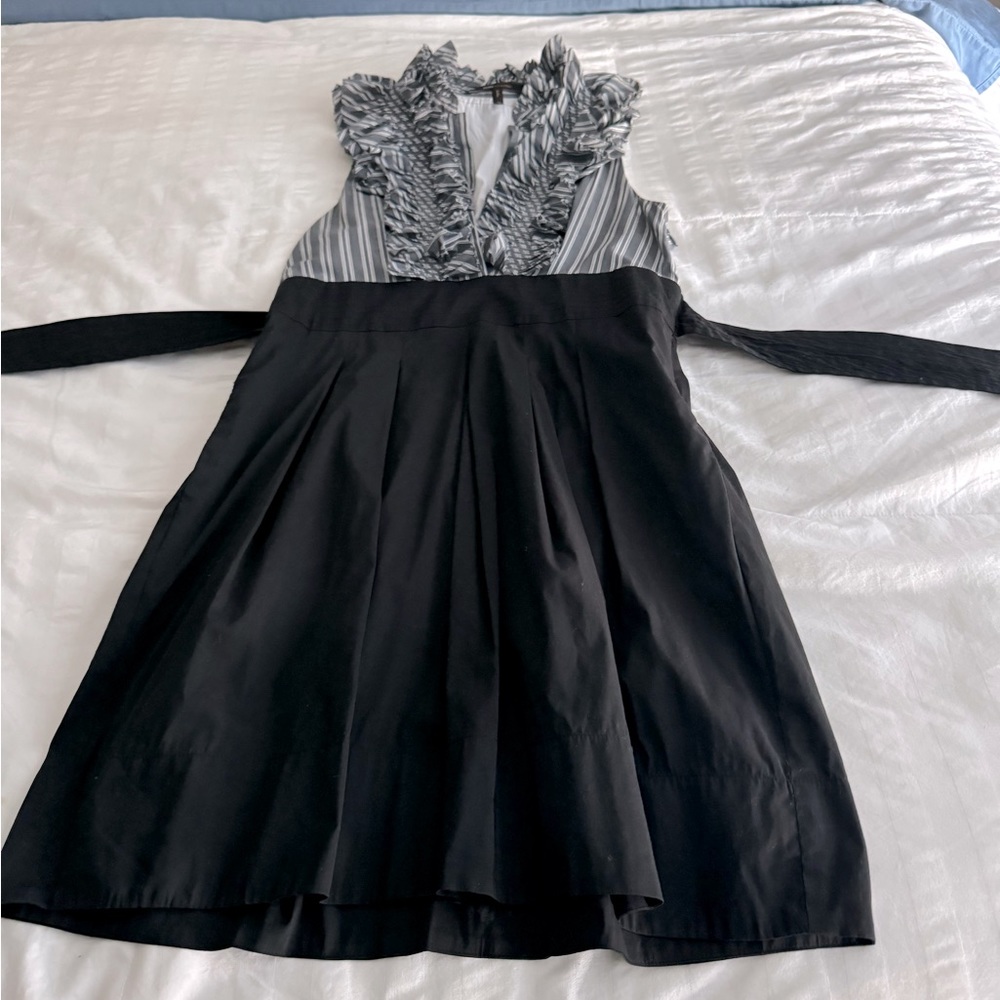 Gray and black mini party dress size 8, sash to the back, ruffled cleavage pleat